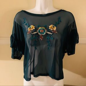 Xhilaration sheer dark green embroidered top